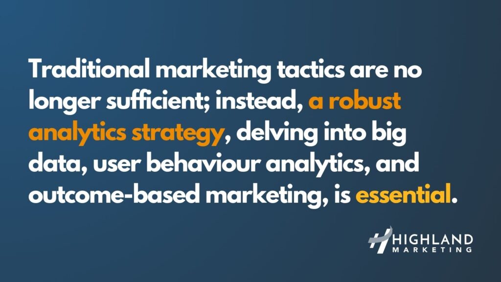 Traditional marketing tactics are no longer sufficient; instead, a robust analytics strategy, delving into big data, audience behavior analytics, and outcome-based marketing, is essential.